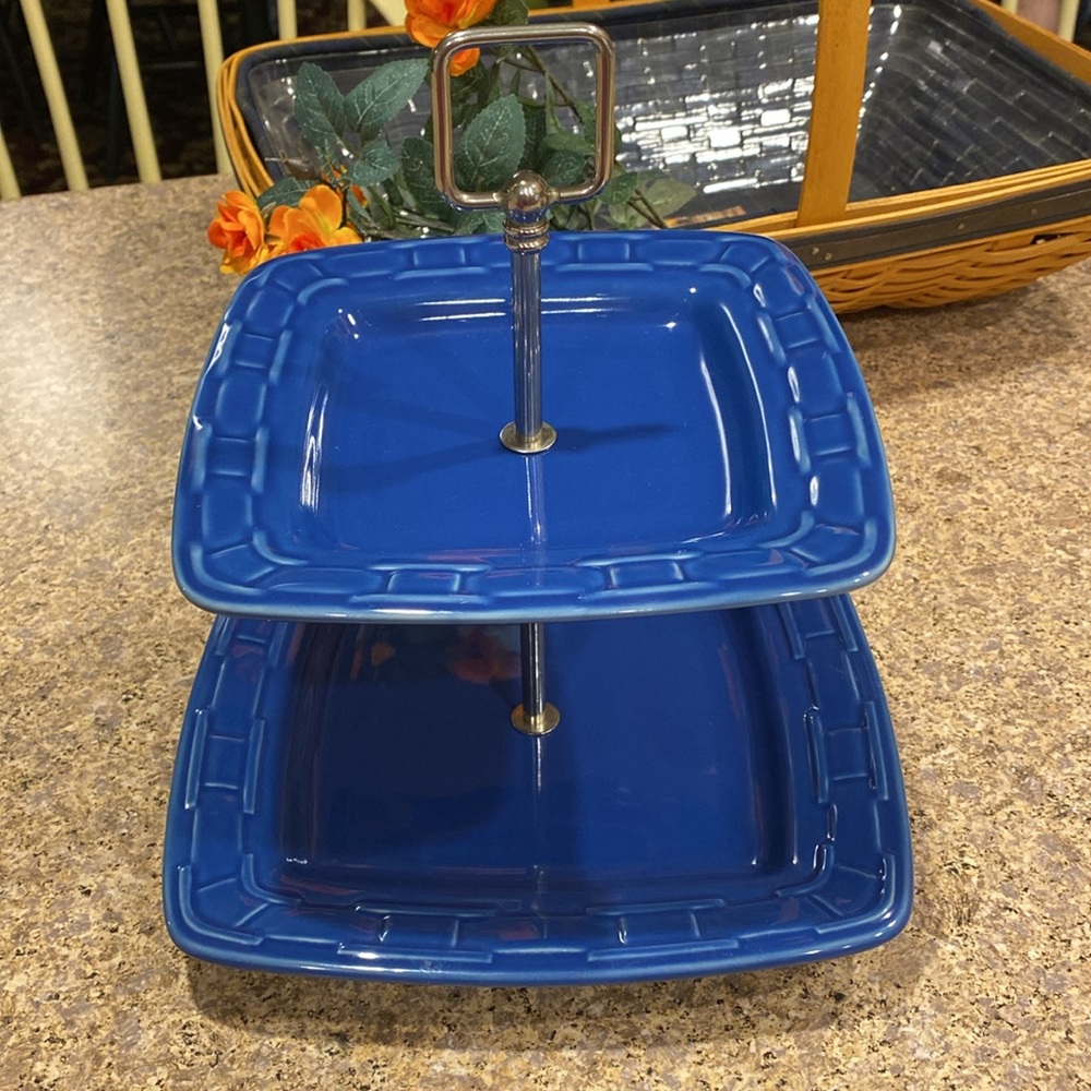 Longaberger Two Tier Dessert Serving Tray Woven Traditions Cornflower Pottery - Picture 11 of 17